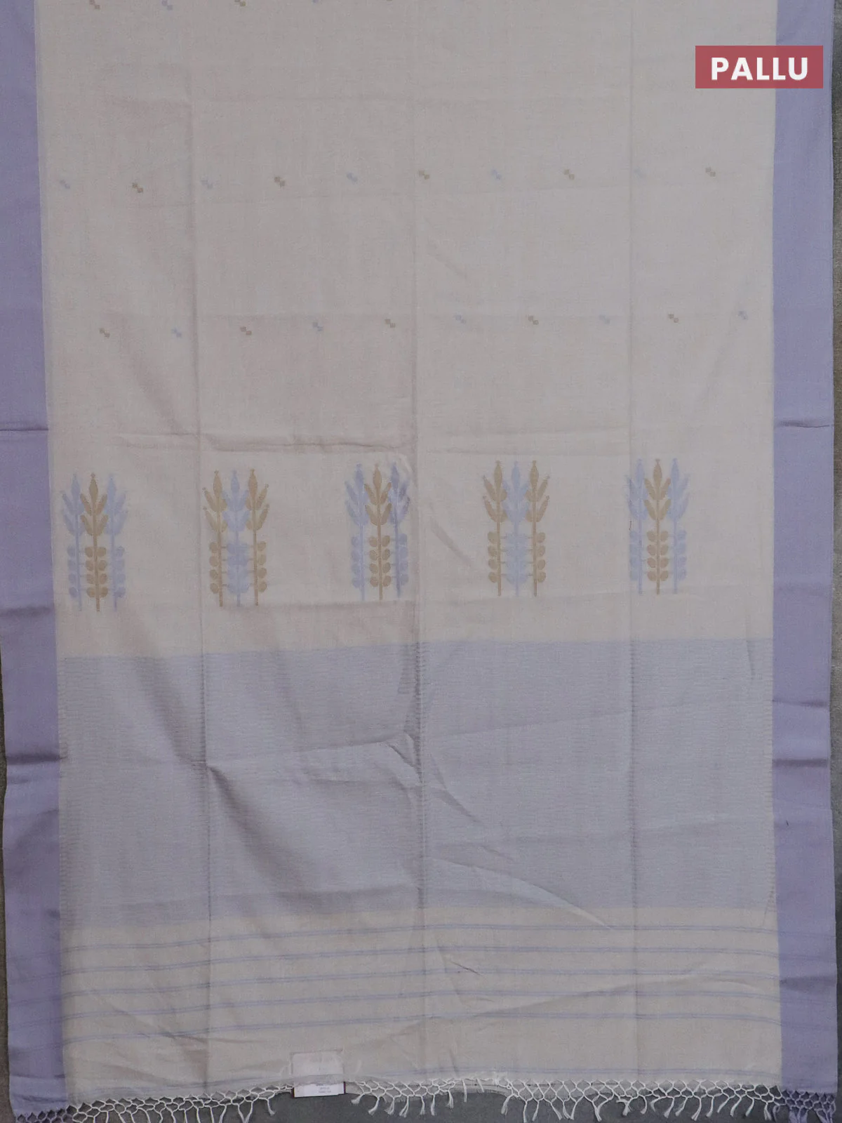 Bengal soft cotton saree beige and grey with thread woven buttas and simple border - Image 3