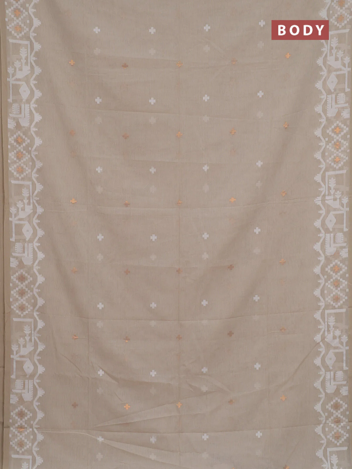 Bengal soft cotton saree beige and sandal with thread & zari woven buttas and thread woven border - Image 2