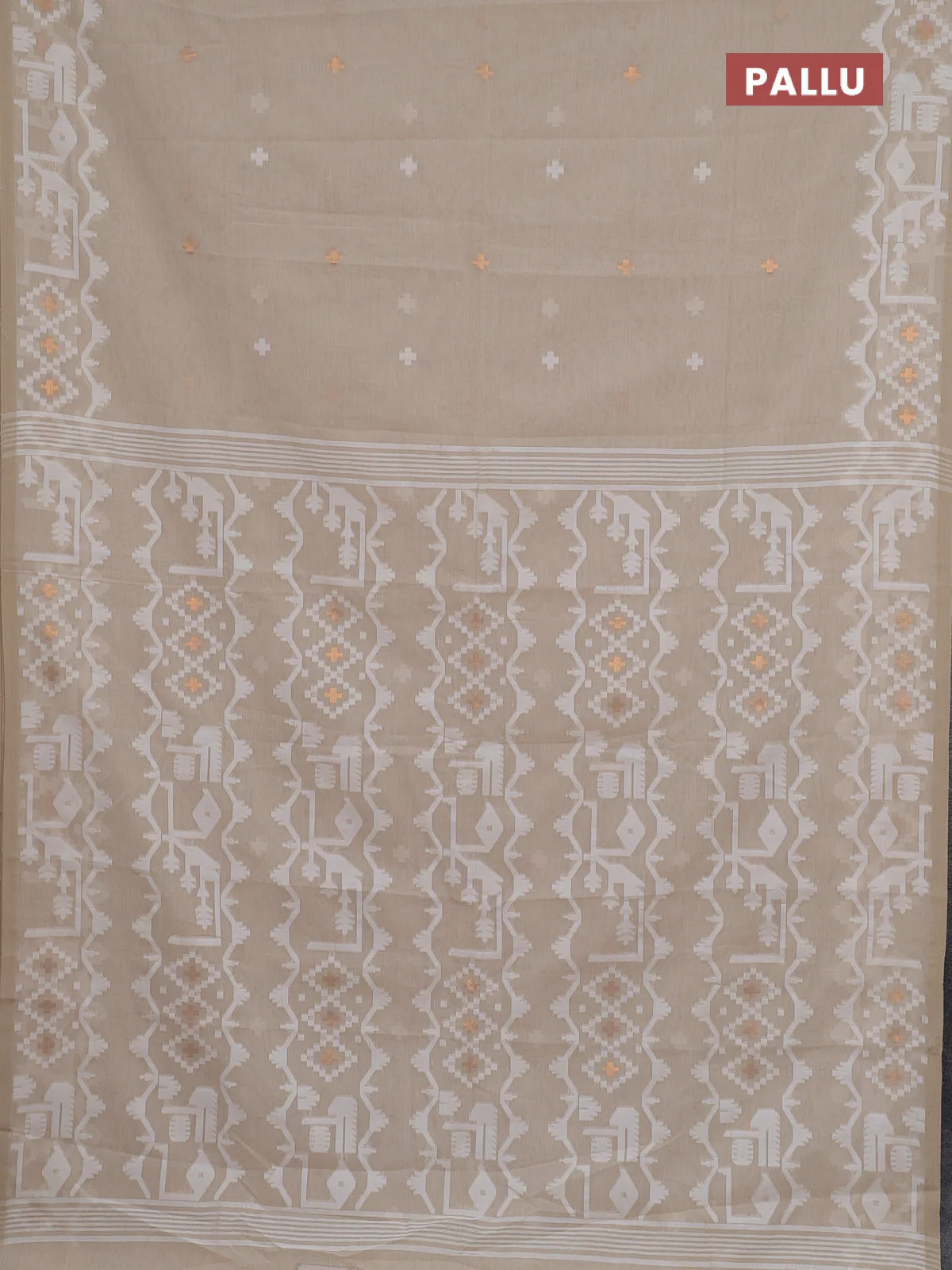Bengal soft cotton saree beige and sandal with thread & zari woven buttas and thread woven border - Image 3