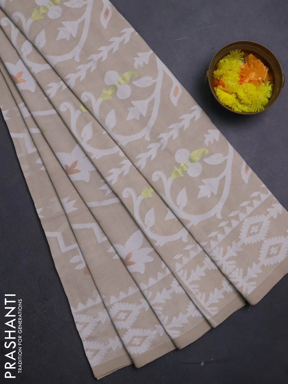 Bengal soft cotton saree beige with allover thread weaves and thread woven border