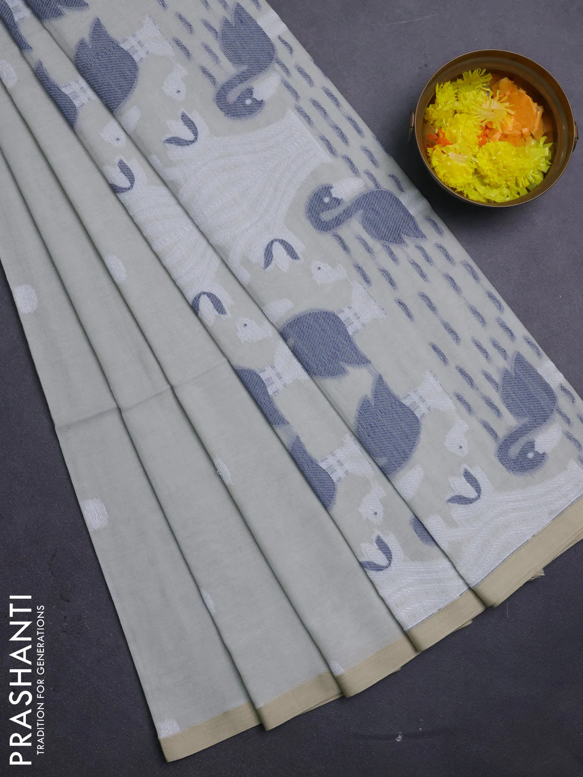 Bengal soft cotton saree beige with thread woven buttas and piping border