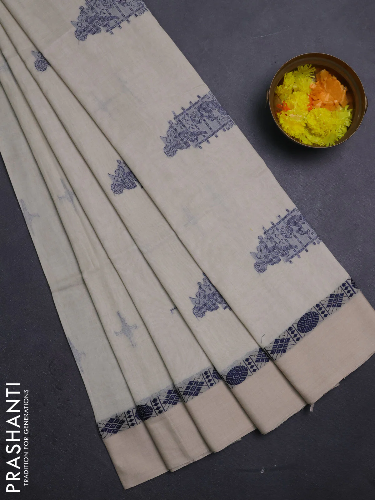 Bengal soft cotton saree beige with thread woven buttas and thread woven simple border