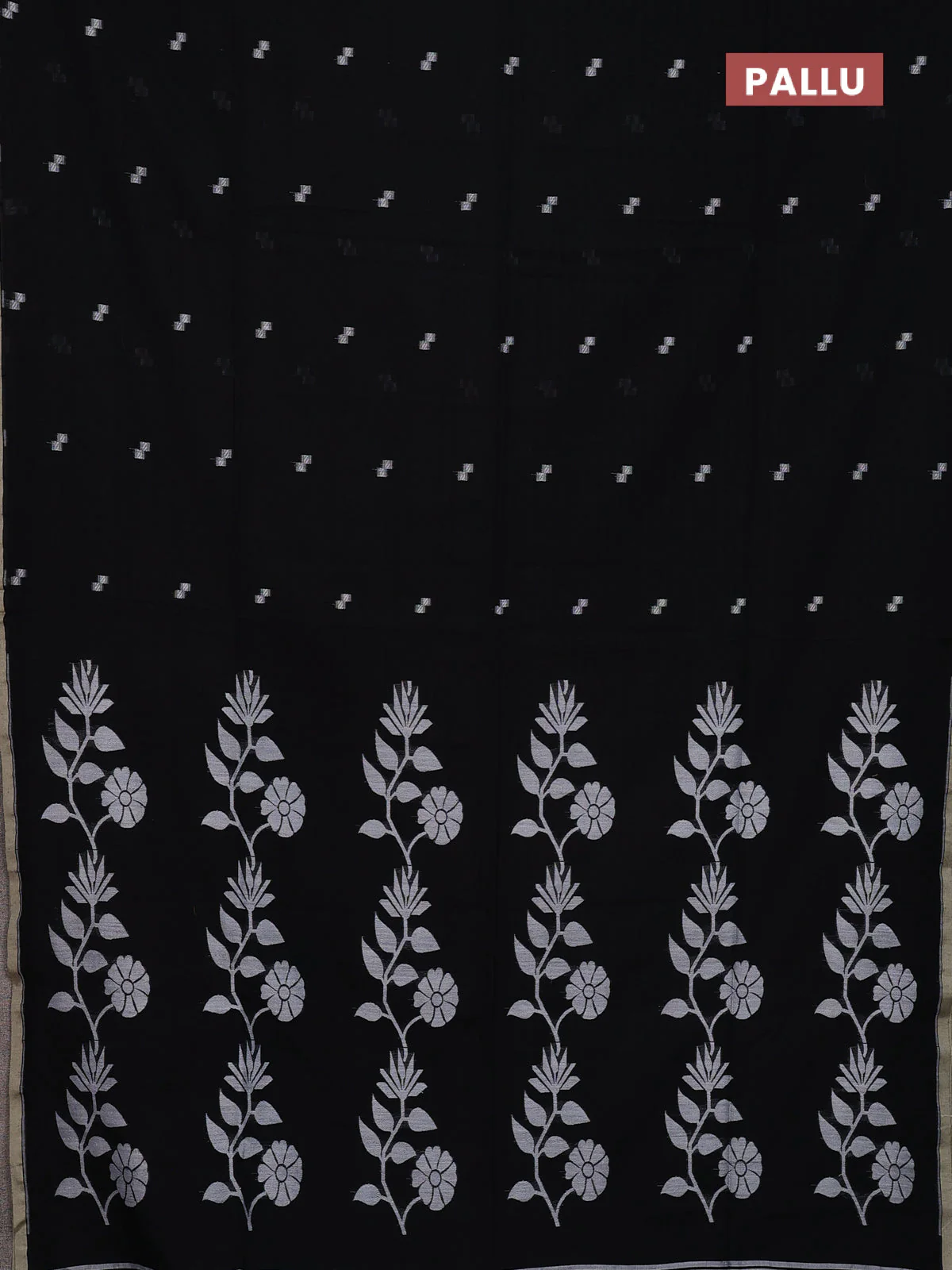 Bengal soft cotton saree black and beige with thread woven buttas and piping border - Image 3