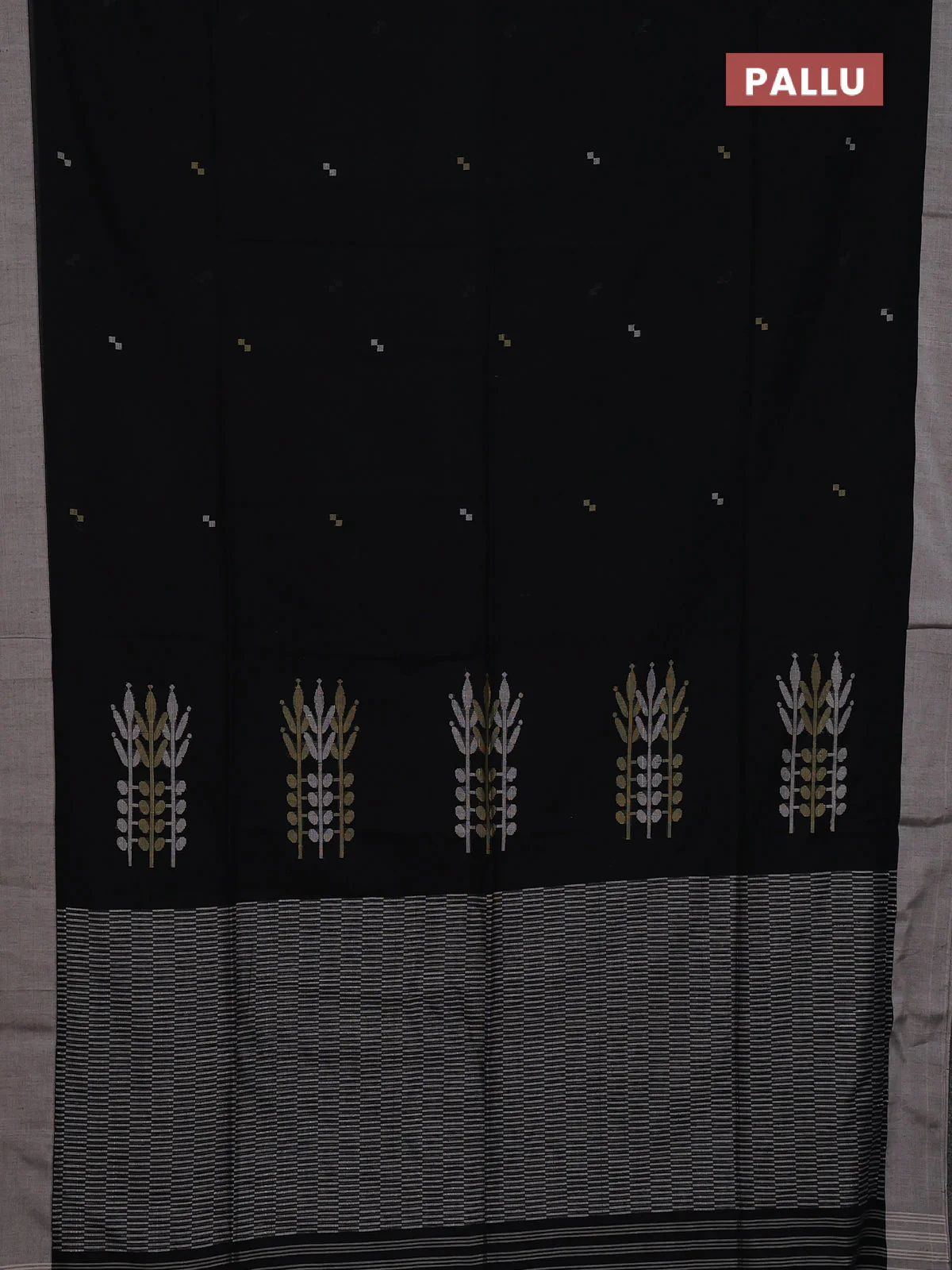 Bengal soft cotton saree black and beige with thread woven buttas and simple border - Image 3