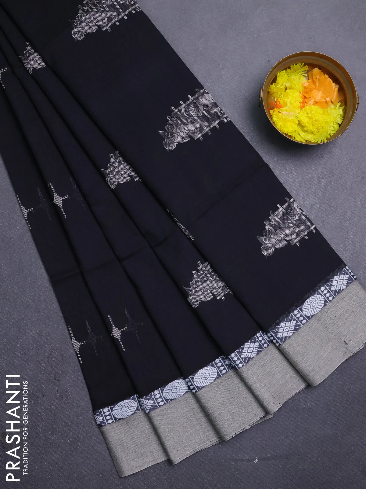 Bengal soft cotton saree black and beige with thread woven buttas and thread woven simple border
