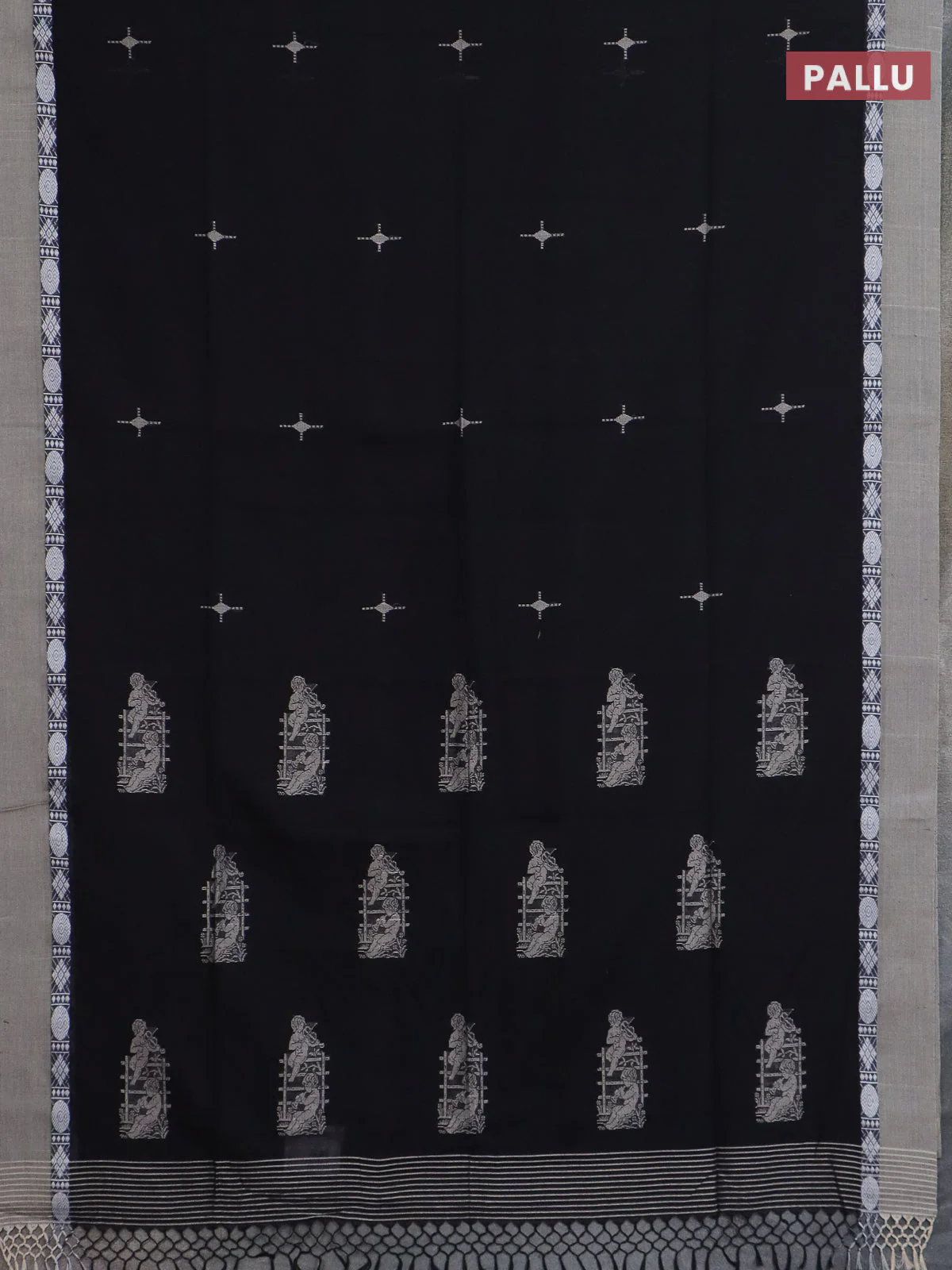 Bengal soft cotton saree black and beige with thread woven buttas and thread woven simple border - Image 3