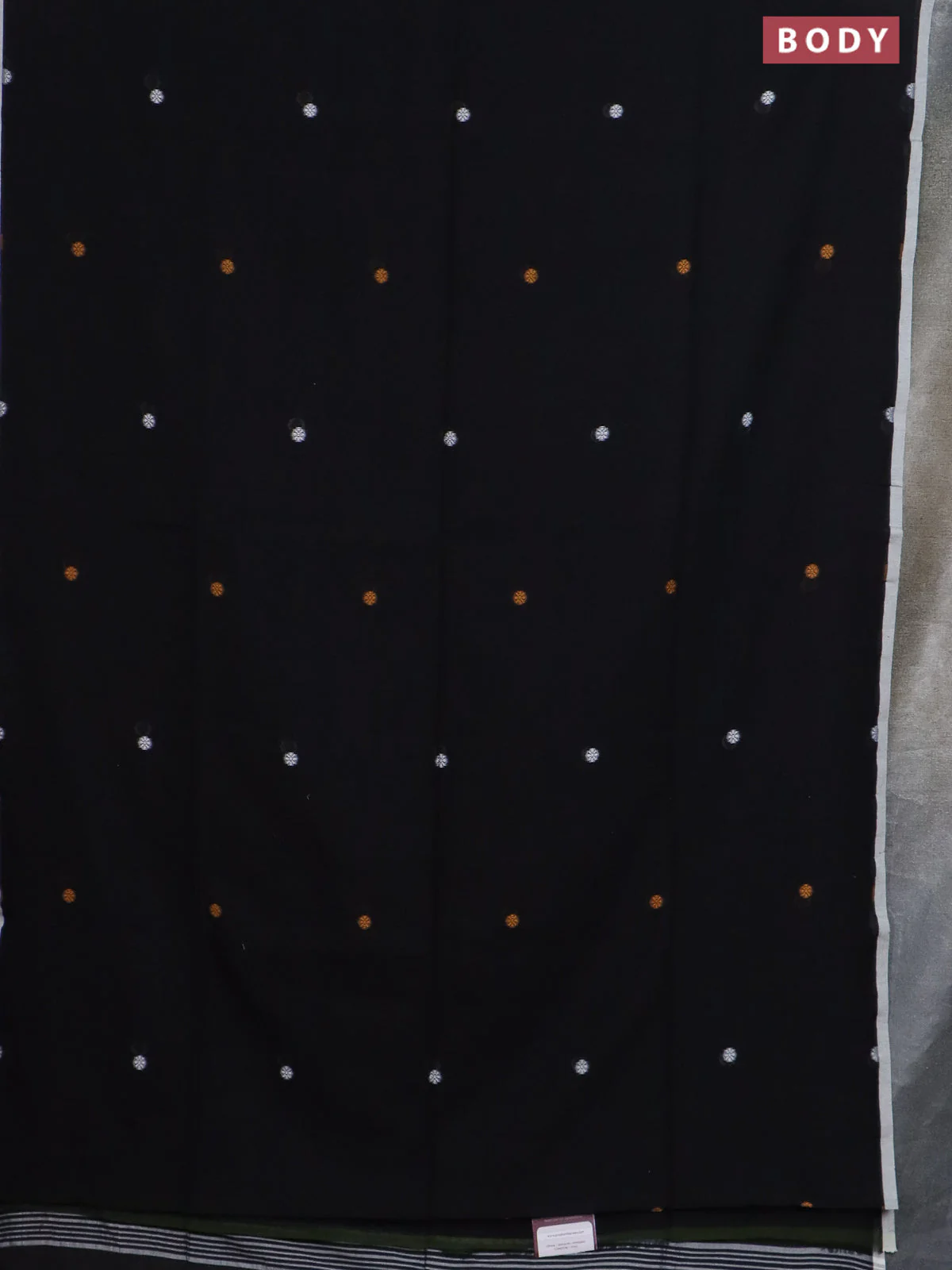 Bengal soft cotton saree black and off white with thread woven buttas and piping border - Image 2