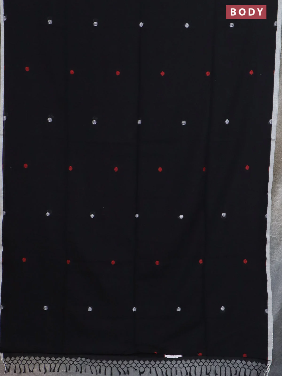 Bengal soft cotton saree black and off white with thread woven buttas and piping border - Image 2