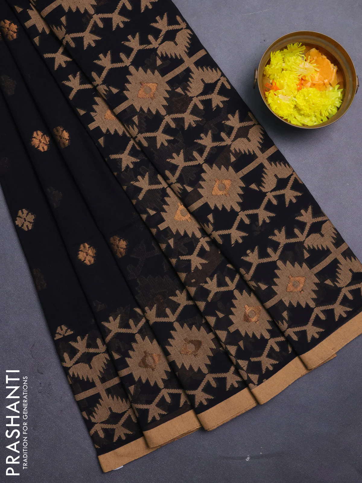 Bengal soft cotton saree black and sandal with thread & zari woven buttas and thread woven border
