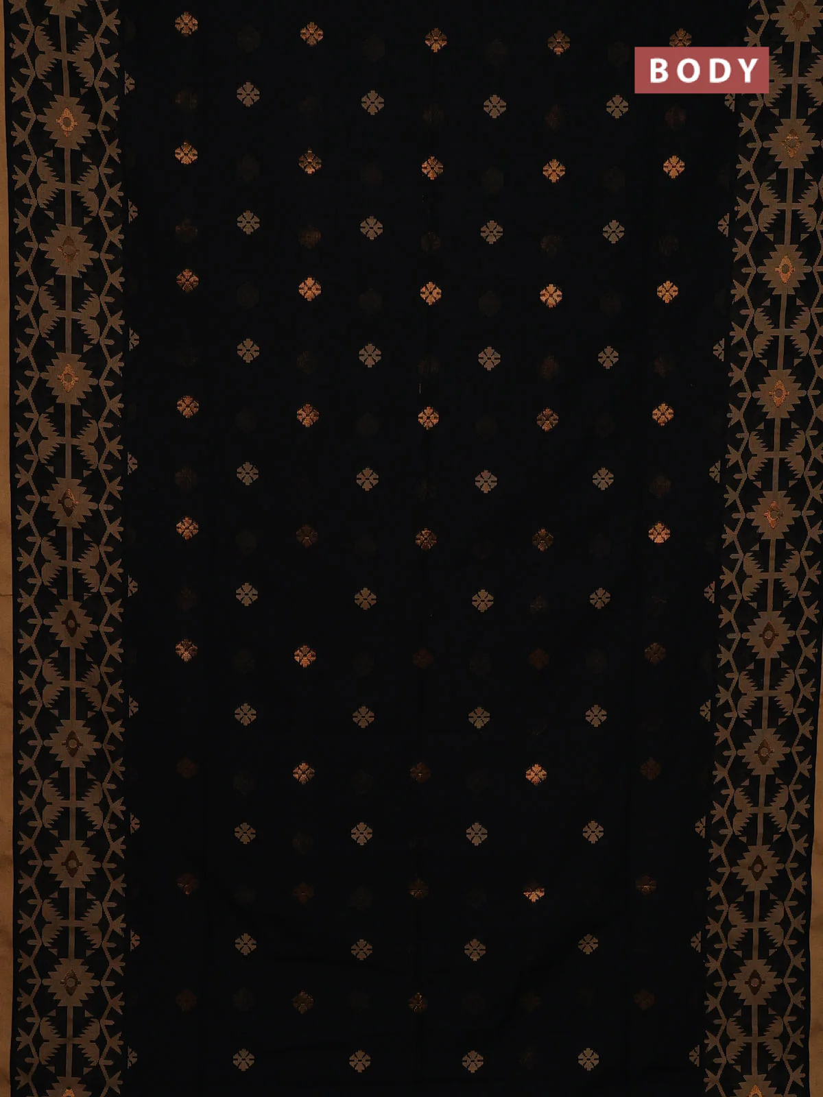 Bengal soft cotton saree black and sandal with thread & zari woven buttas and thread woven border - Image 2
