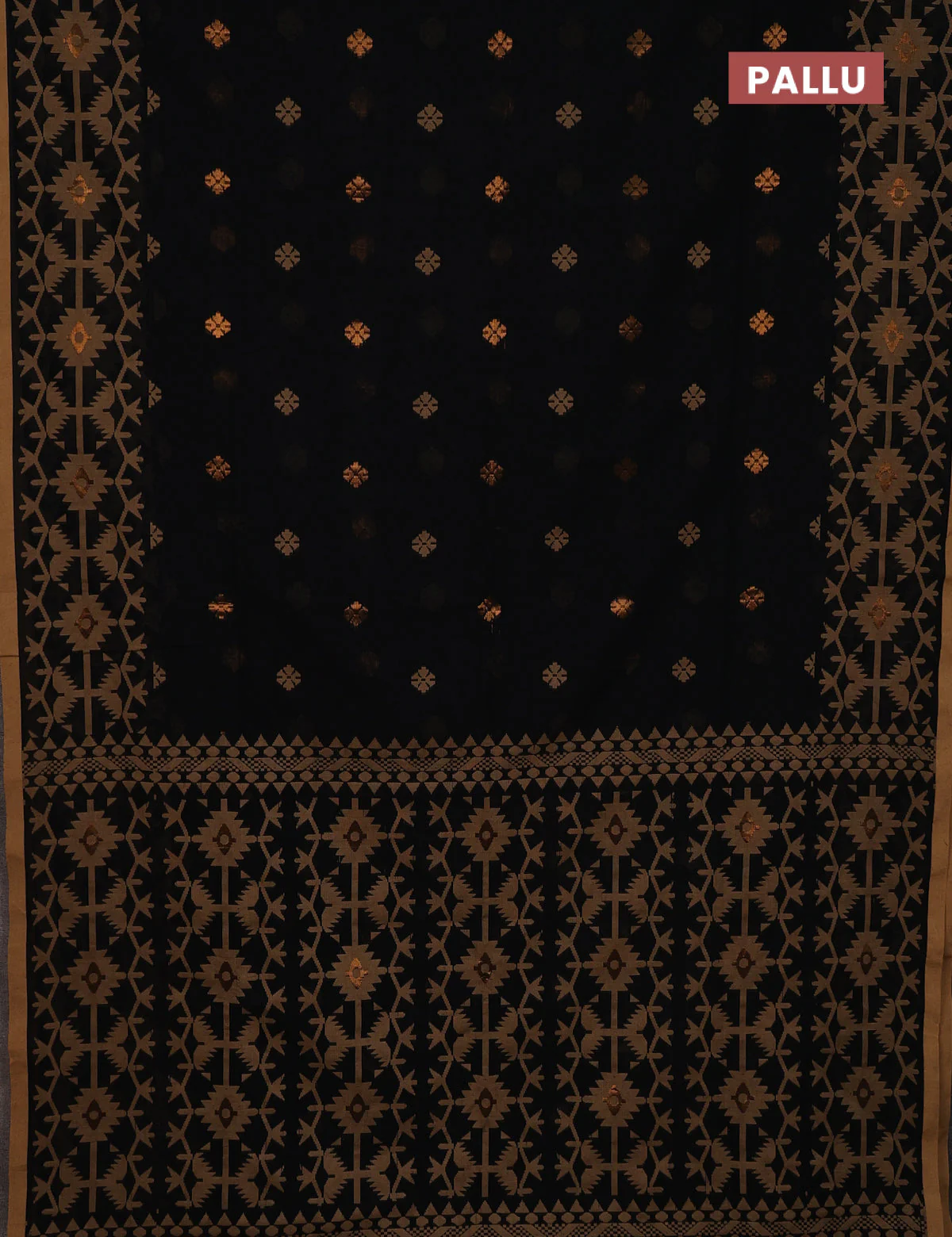 Bengal soft cotton saree black and sandal with thread & zari woven buttas and thread woven border - Image 3