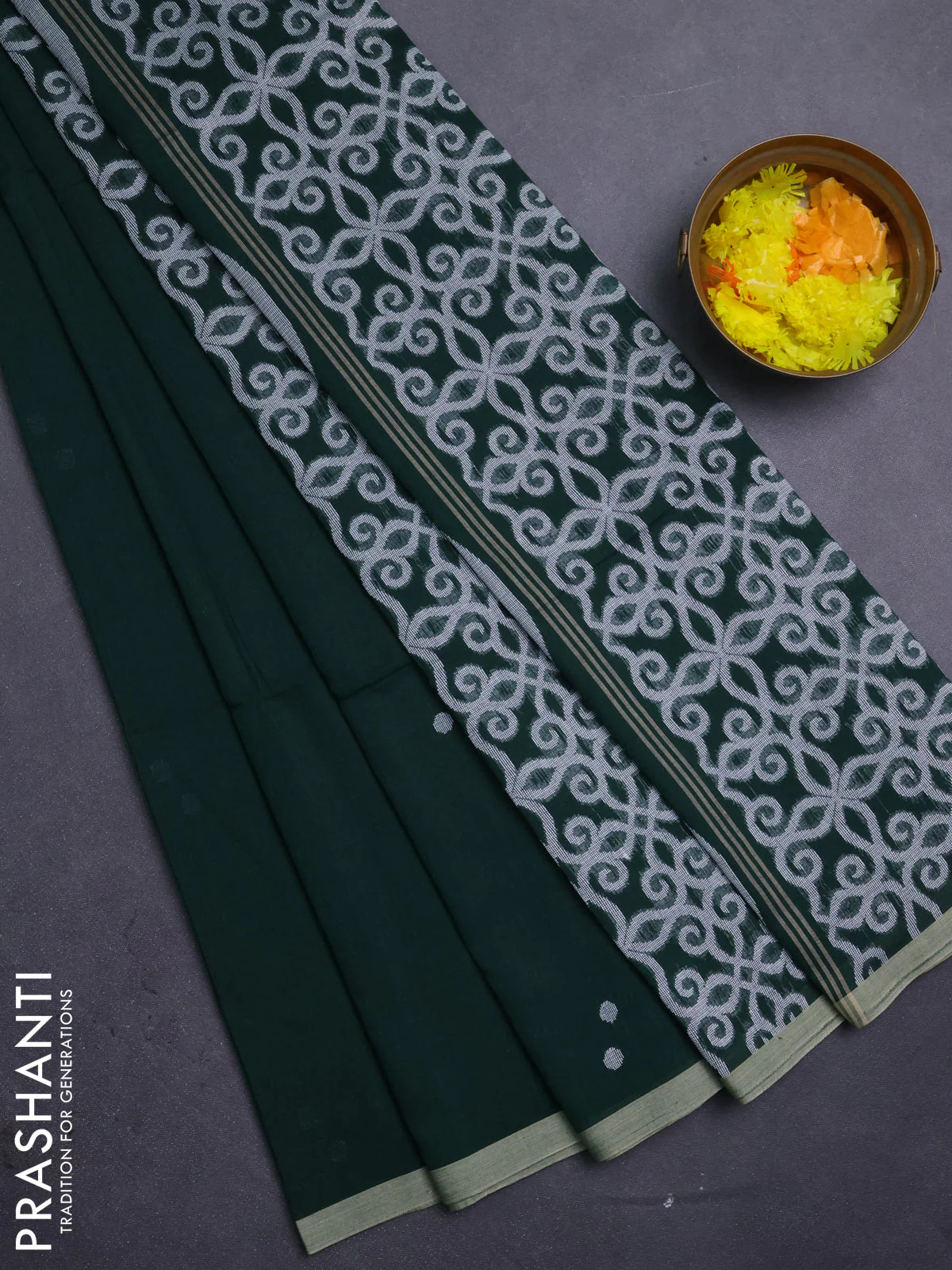 Bengal soft cotton saree bottle green and beige with thread woven buttas and piping border