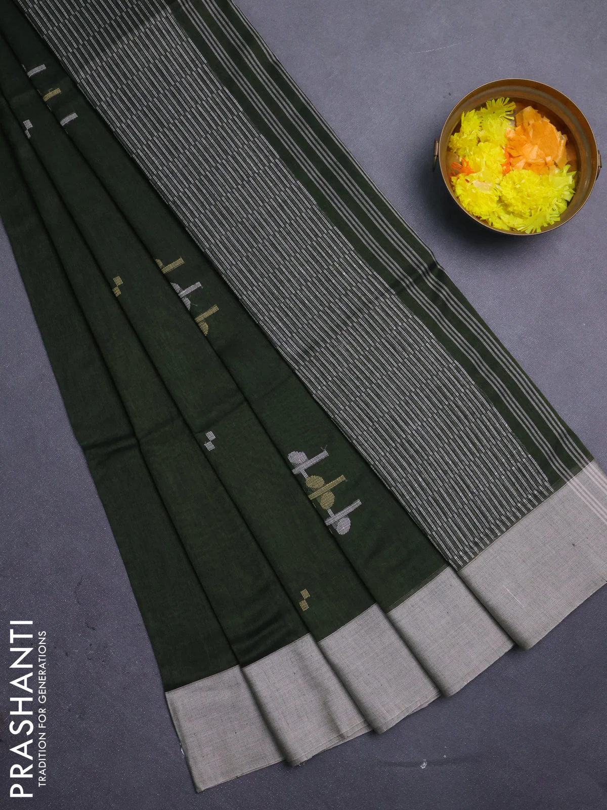 Bengal soft cotton saree bottle green and beige with thread woven buttas and simple border