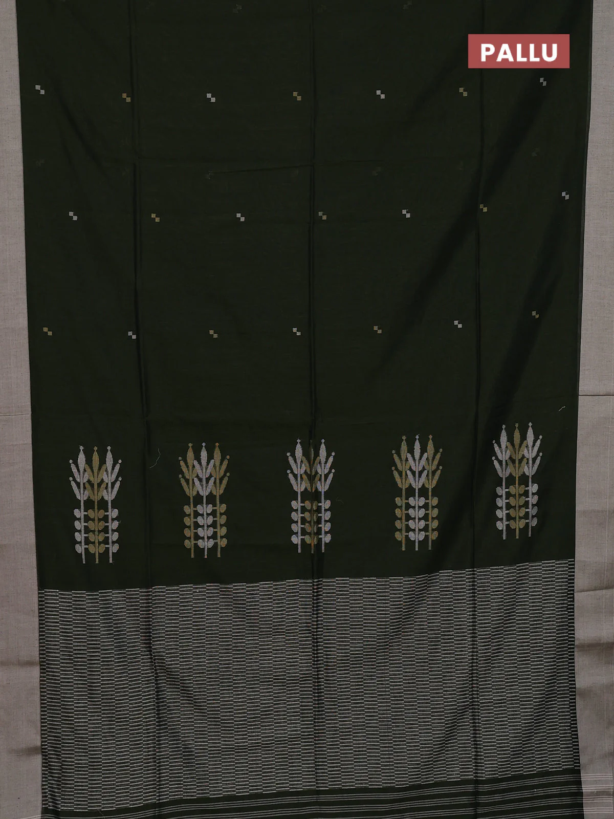 Bengal soft cotton saree bottle green and beige with thread woven buttas and simple border - Image 3