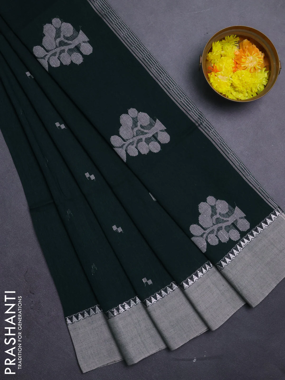 Bengal soft cotton saree bottle green and beige with thread woven buttas and temple design simple border