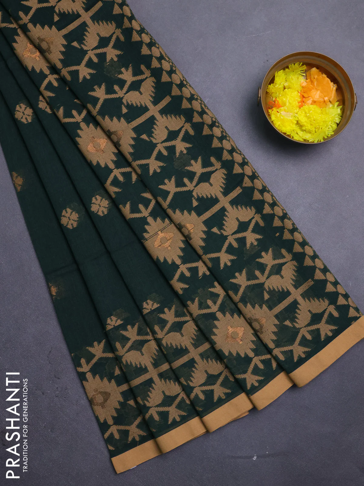 Bengal soft cotton saree bottle green and sandal with thread & zari woven buttas and thread woven border