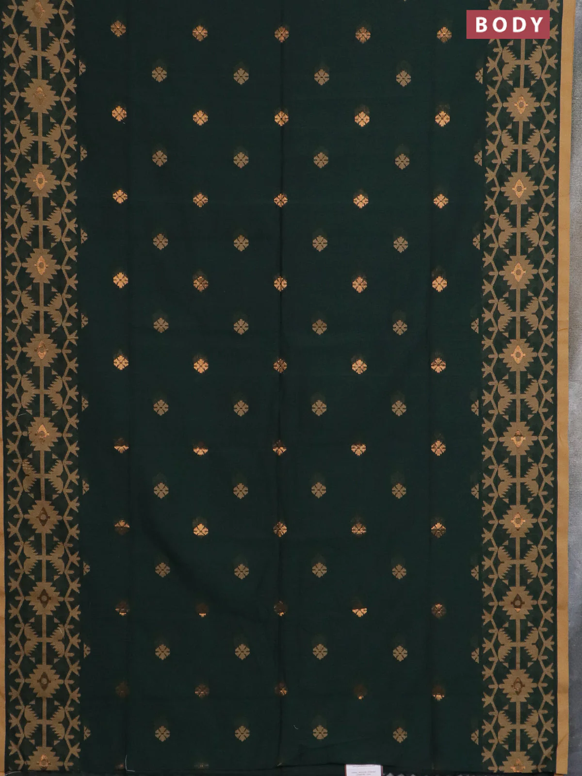 Bengal soft cotton saree bottle green and sandal with thread & zari woven buttas and thread woven border - Image 2