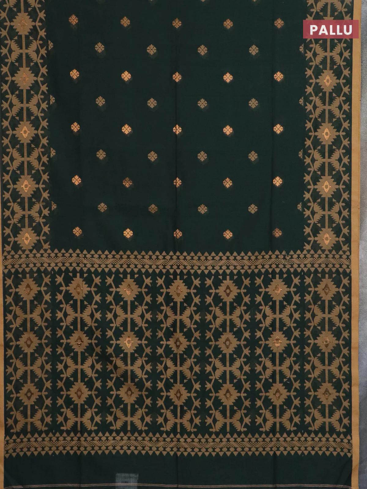 Bengal soft cotton saree bottle green and sandal with thread & zari woven buttas and thread woven border - Image 3