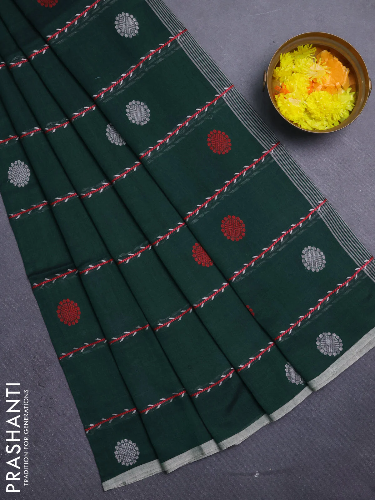 Bengal soft cotton saree bottle green with allover thread weaves & buttas and piping border