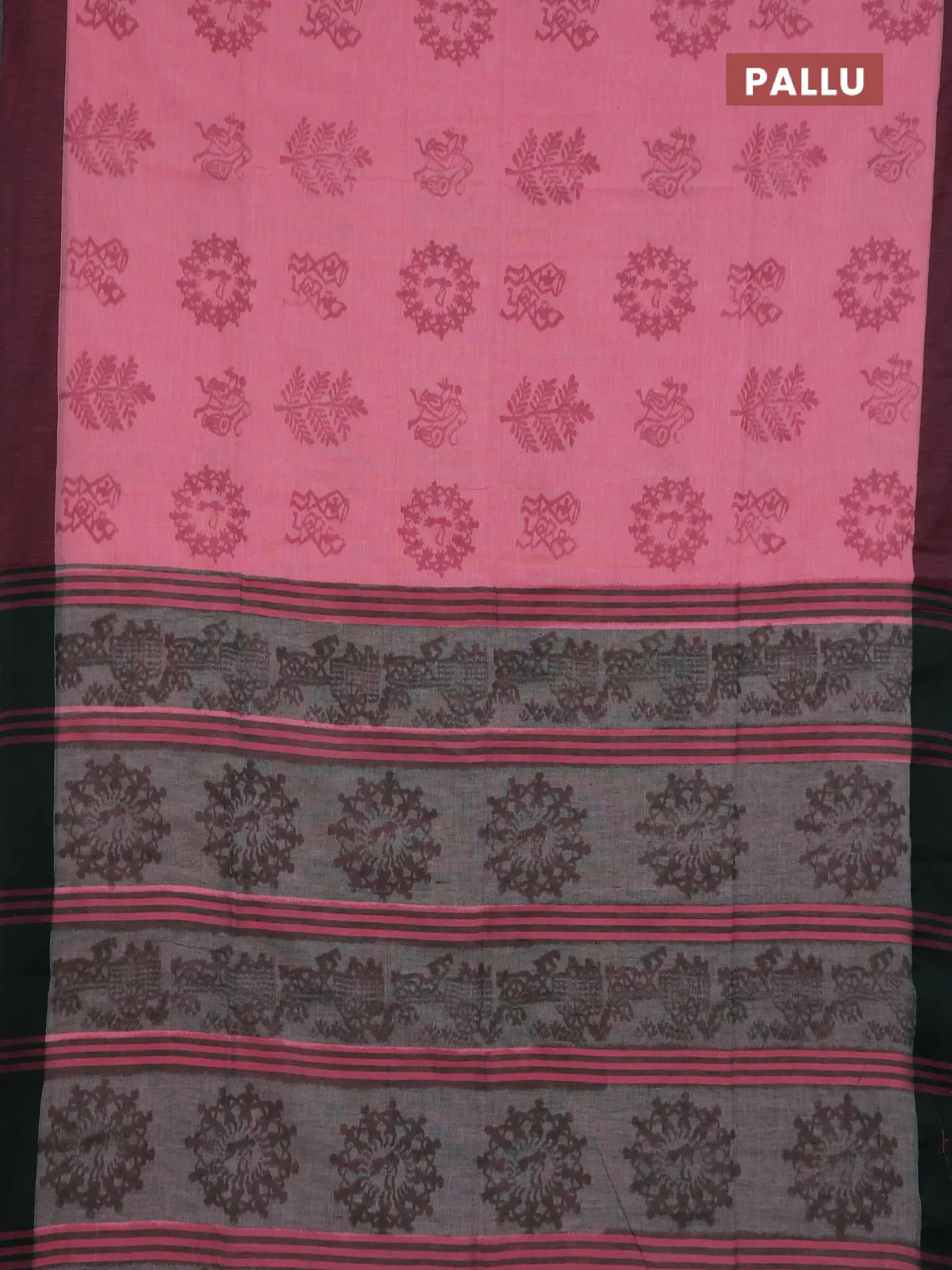 Bengal soft cotton saree candy pink and green with butta weaves and simple border - Image 3