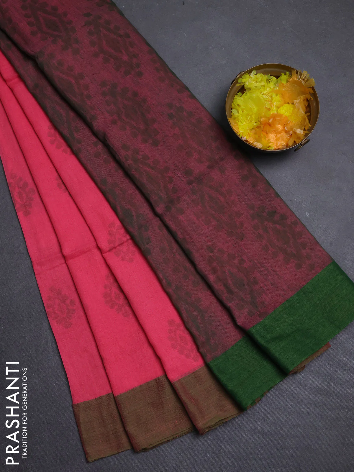 Bengal soft cotton saree candy pink and green with butta weaves and simple border