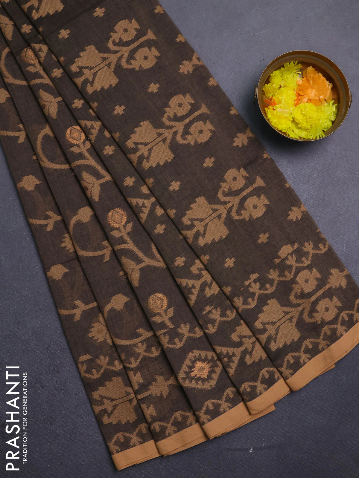 Bengal soft cotton saree chikku shade and sandal with allover thread & zari weaves and thread woven border