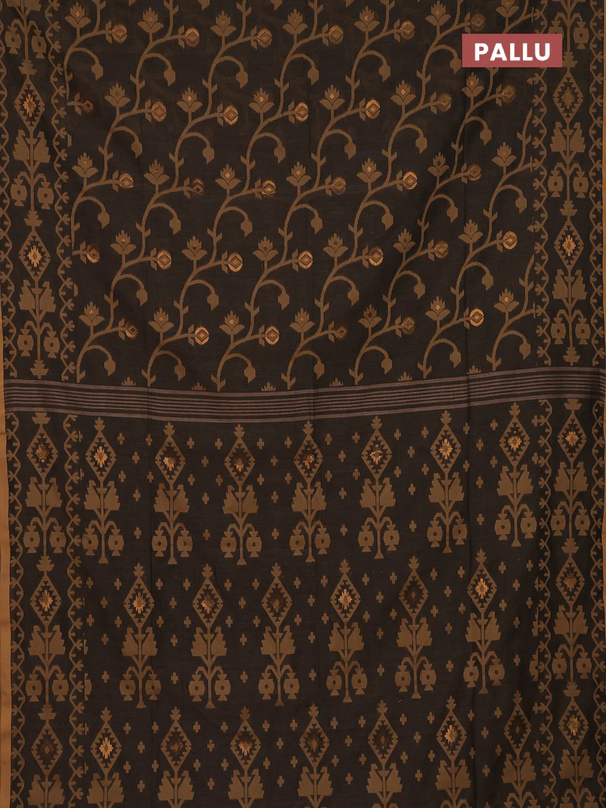 Bengal soft cotton saree chikku shade and sandal with allover thread & zari weaves and thread woven border - Image 3