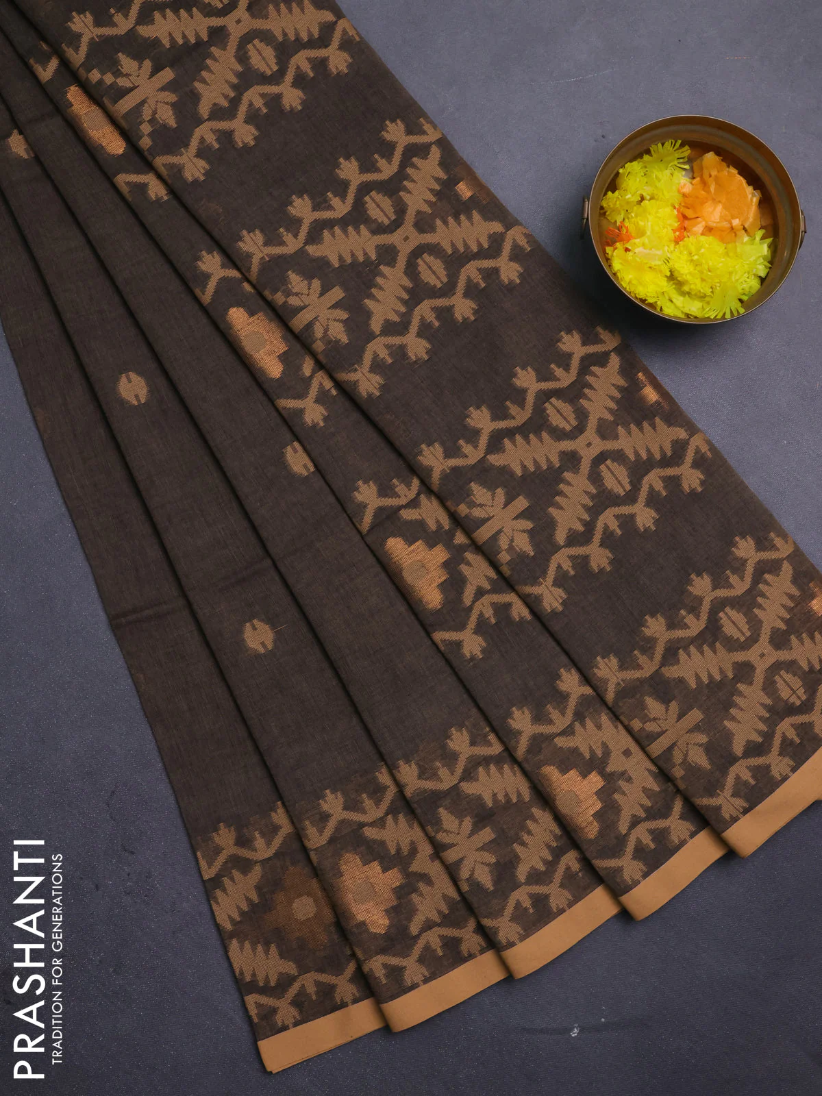 Bengal soft cotton saree chikku shade and sandal with thread woven buttas and thread woven border