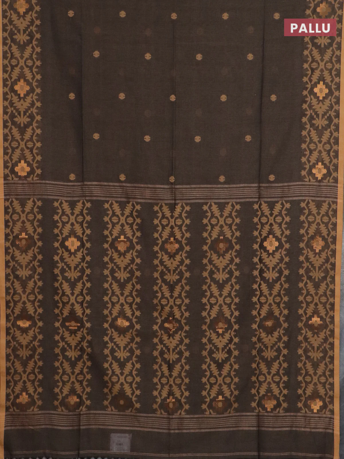 Bengal soft cotton saree chikku shade and sandal with thread woven buttas and thread woven border - Image 3