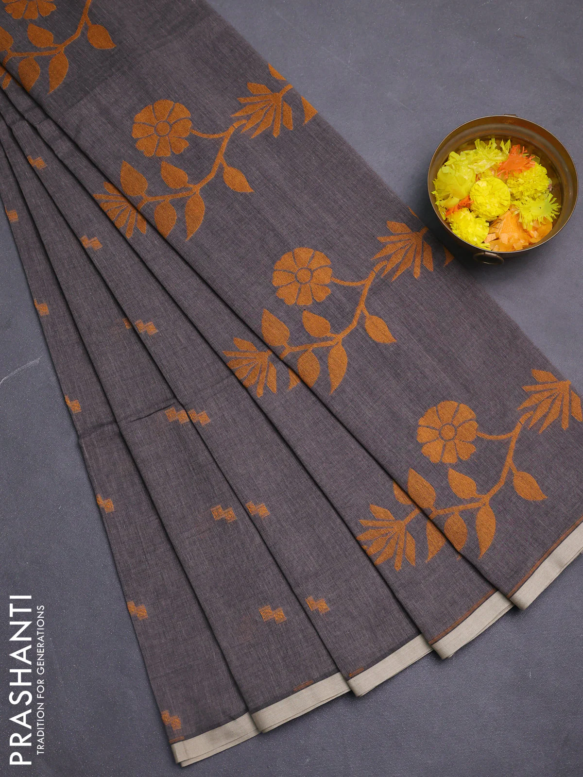 Bengal soft cotton saree chikku shade with thread woven buttas and piping border