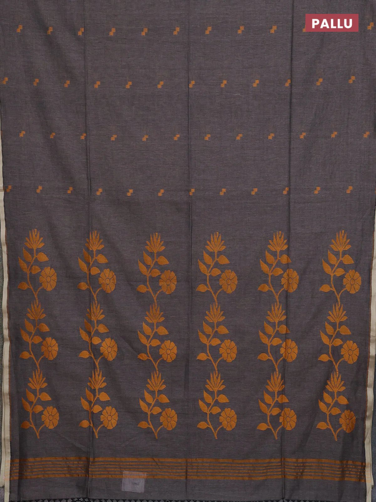 Bengal soft cotton saree chikku shade with thread woven buttas and piping border - Image 3