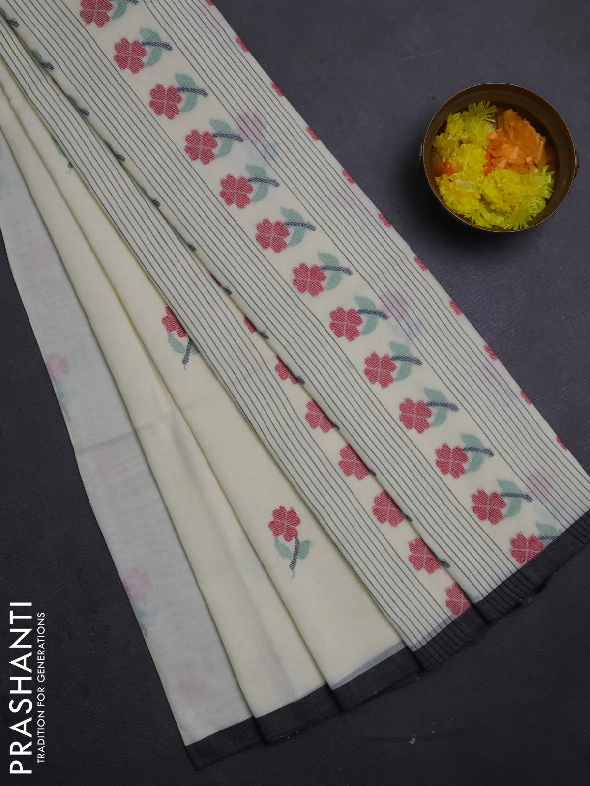 Bengal soft cotton saree cream and black with floral thread woven buttas and piping border