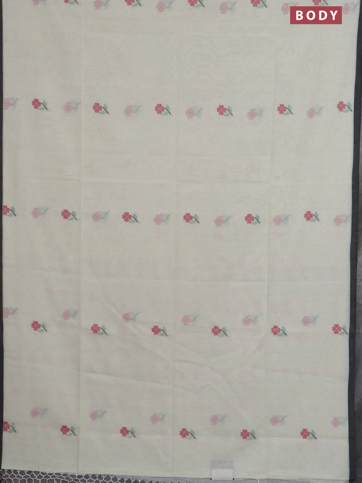 Bengal soft cotton saree cream and black with floral thread woven buttas and piping border - Image 2