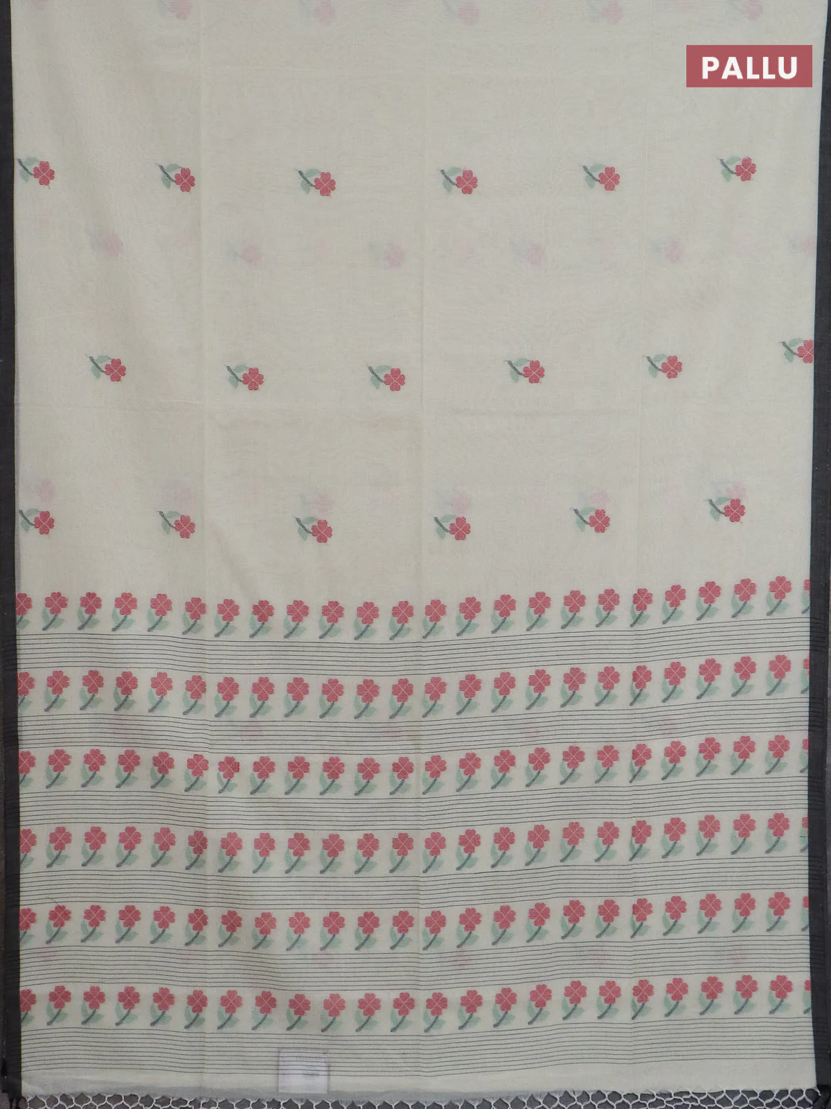 Bengal soft cotton saree cream and black with floral thread woven buttas and piping border - Image 3