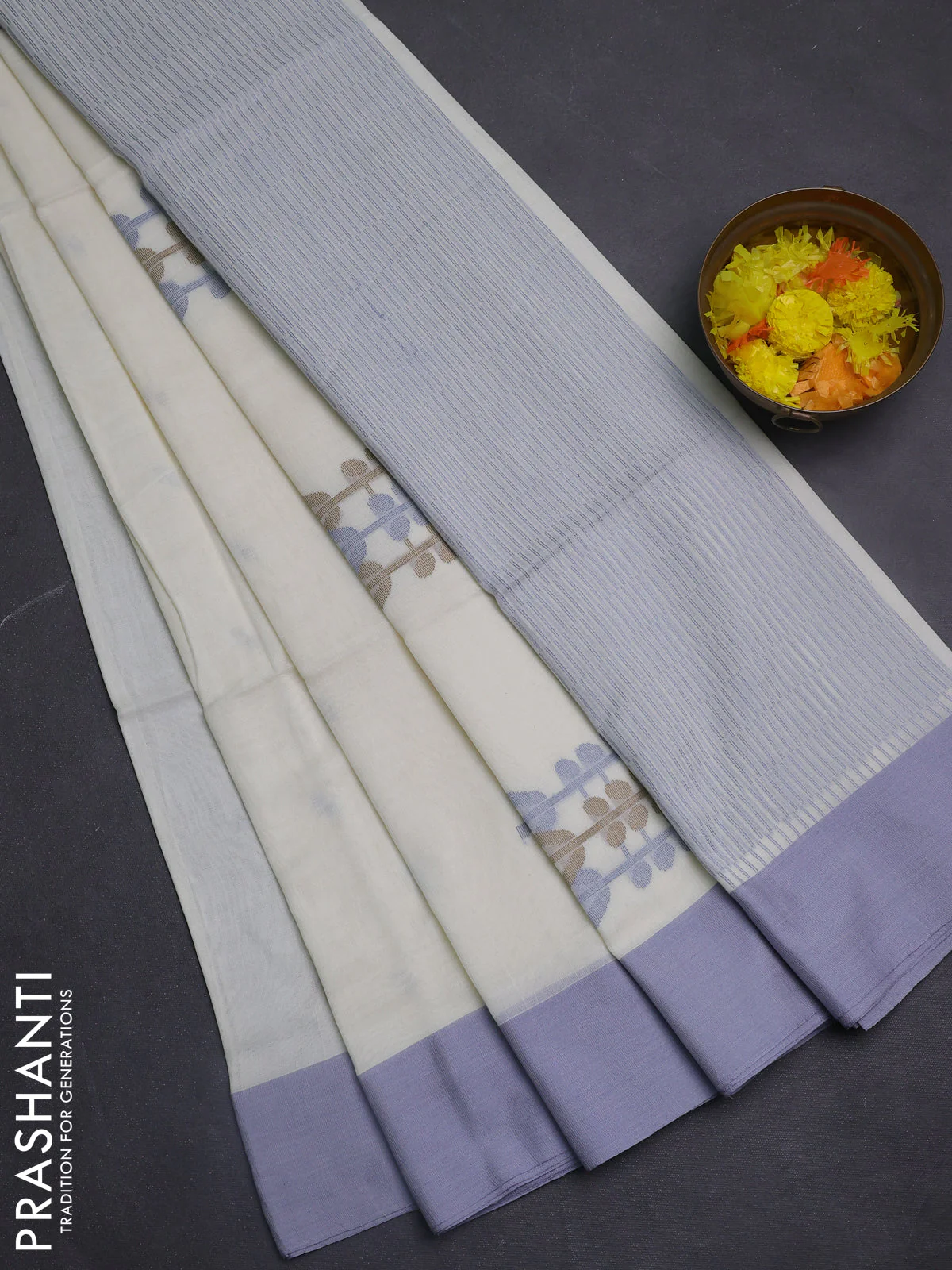 Bengal soft cotton saree cream and grey with thread woven buttas and simple border