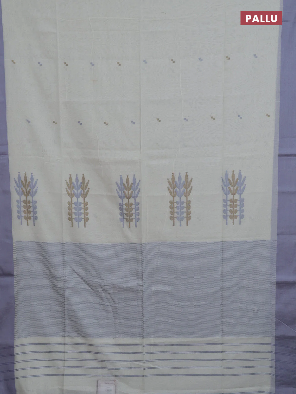 Bengal soft cotton saree cream and grey with thread woven buttas and simple border - Image 3