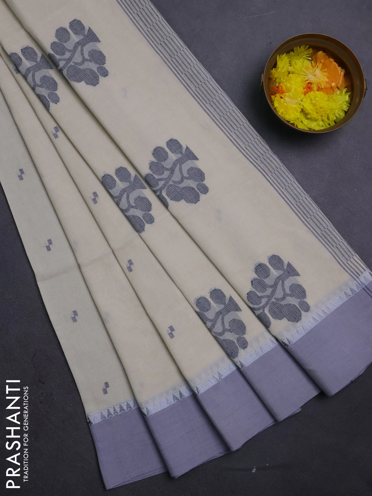 Bengal soft cotton saree cream and grey with thread woven buttas and temple design simple border