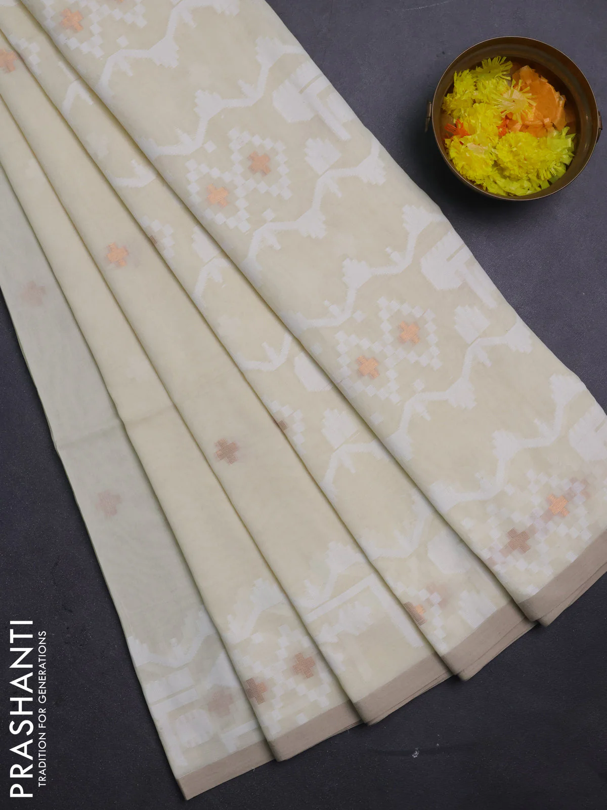 Bengal soft cotton saree cream and sandal with thread & zari woven buttas and thread woven border