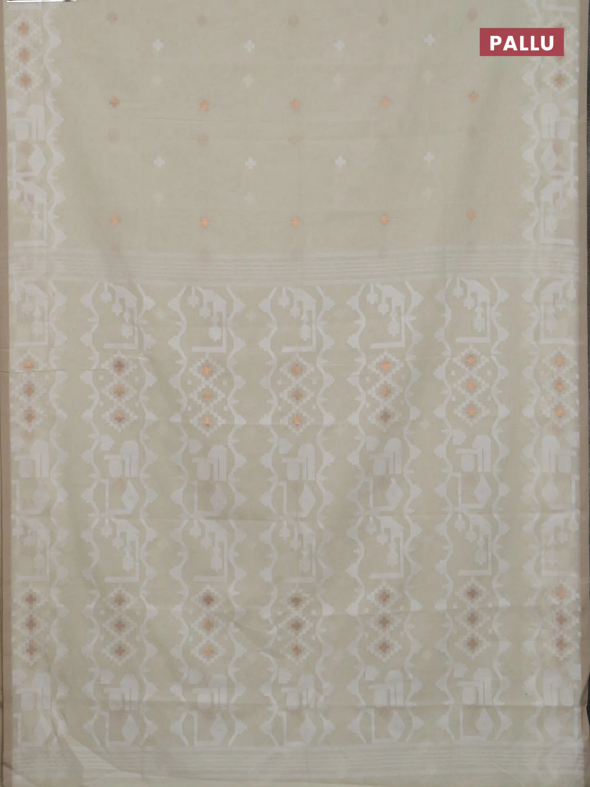 Bengal soft cotton saree cream and sandal with thread & zari woven buttas and thread woven border - Image 3