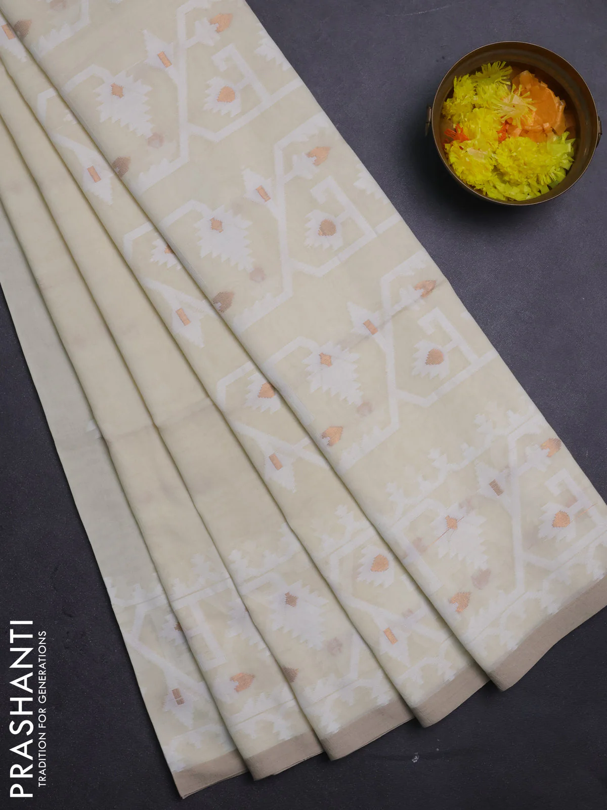 Bengal soft cotton saree cream and sandal with thread & zari woven buttas and thread woven border