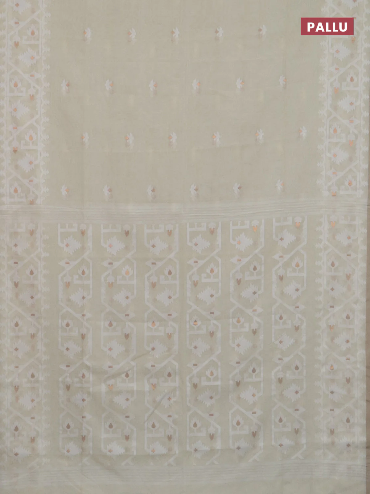 Bengal soft cotton saree cream and sandal with thread & zari woven buttas and thread woven border - Image 3