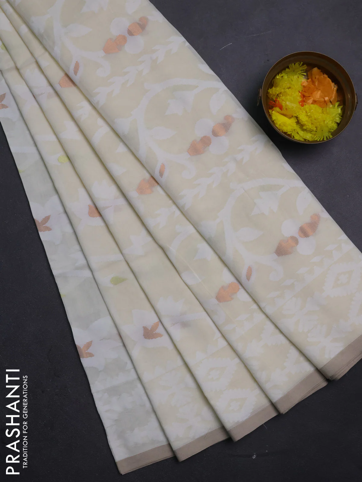 Bengal soft cotton saree cream with allover thread weaves and thread woven border