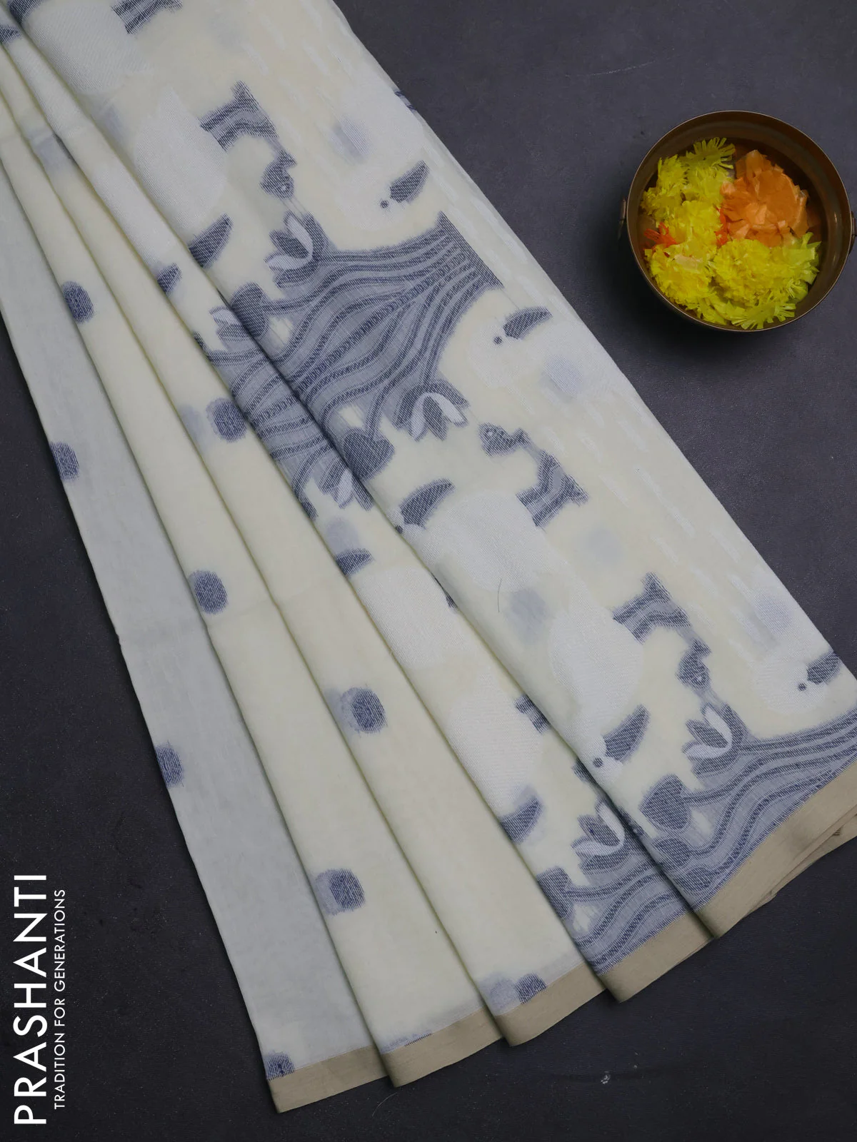 Bengal soft cotton saree cream with thread woven buttas and piping border