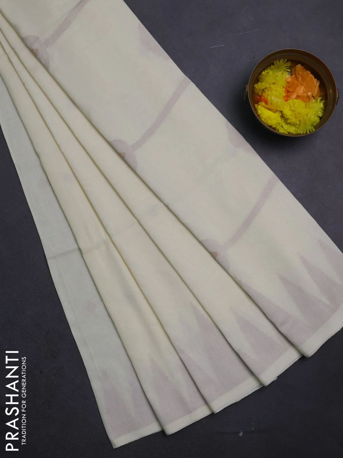 Bengal soft cotton saree cream with thread woven buttas and temple thread woven border