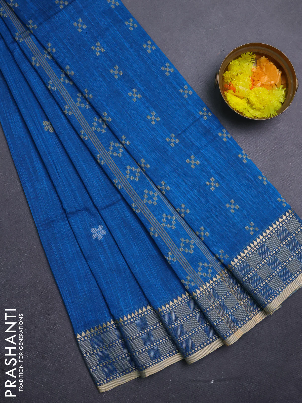 Bengal soft cotton saree cs blue with thread woven buttas and temple design thread woven border