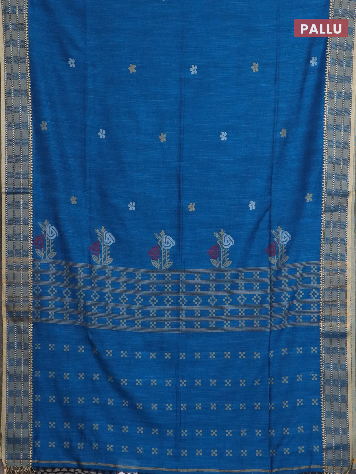 Bengal soft cotton saree cs blue with thread woven buttas and temple design thread woven border - Image 3