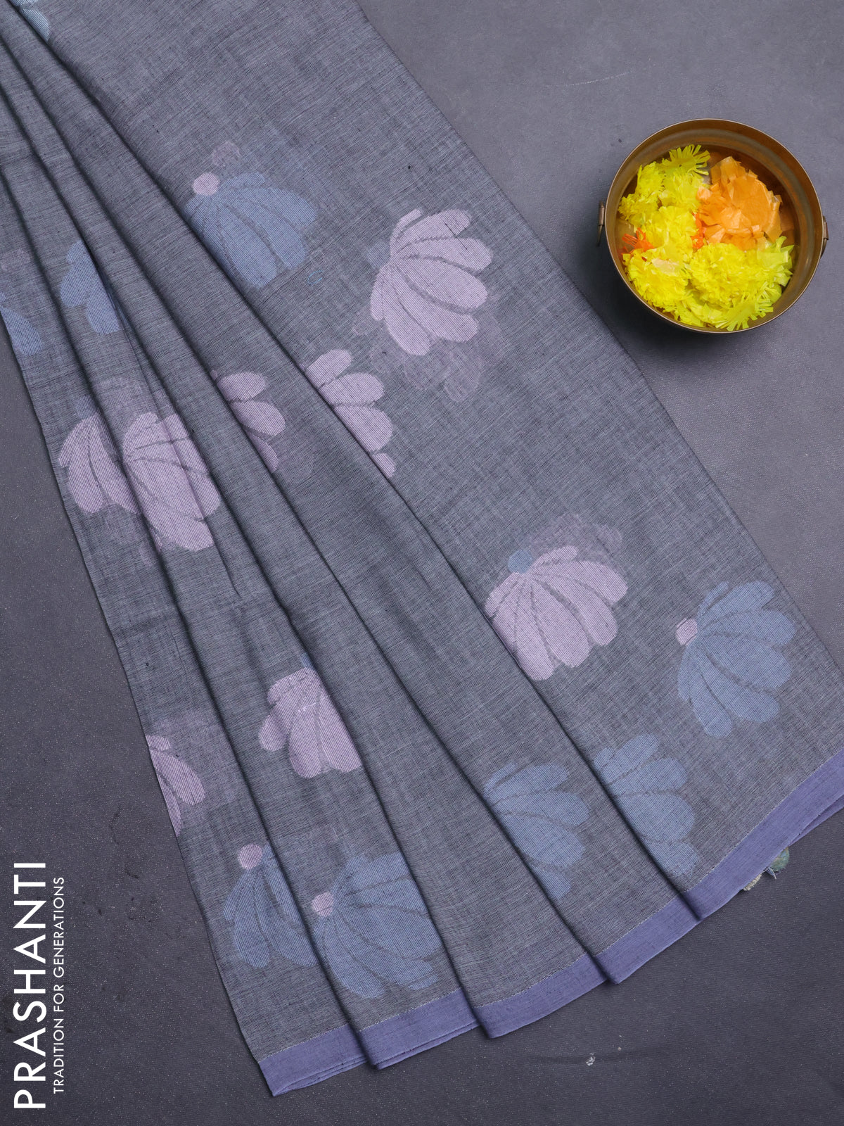 Bengal soft cotton saree dark grey with thread woven buttas and piping border