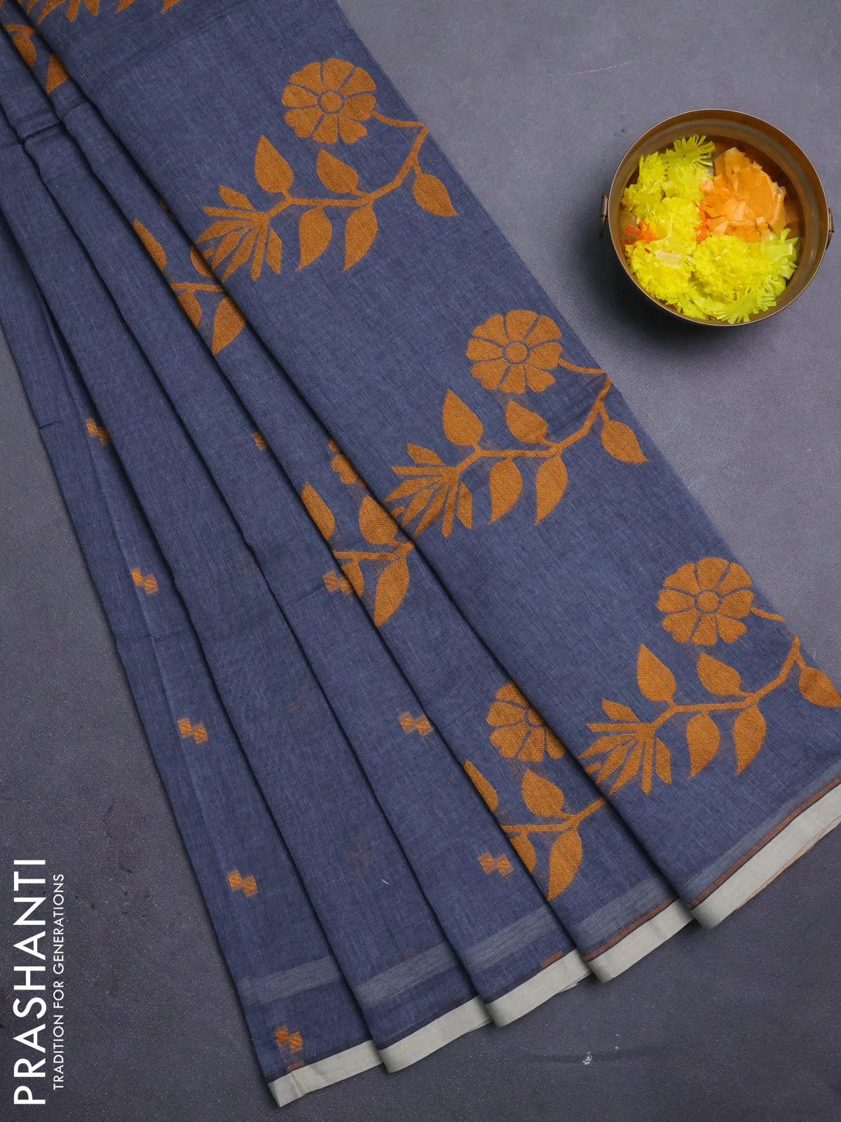 Bengal soft cotton saree dark grey with thread woven buttas and piping border - Image 2