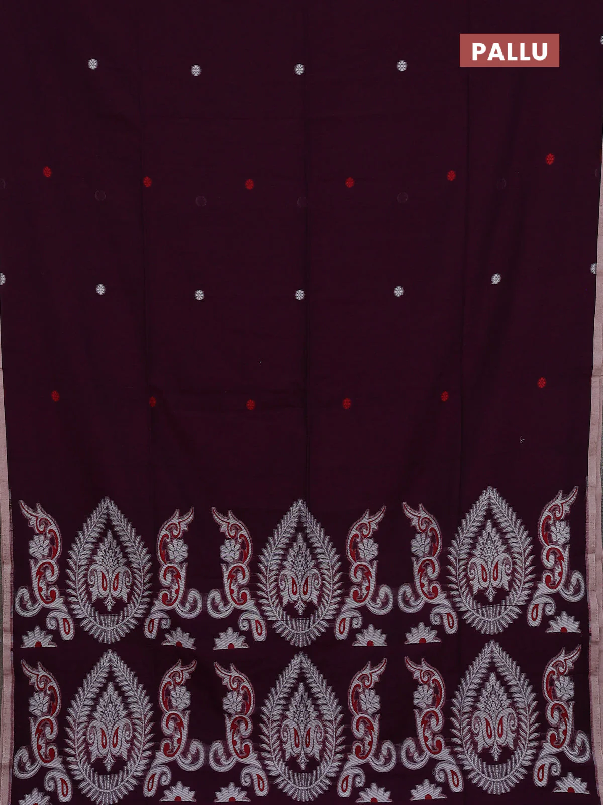 Bengal soft cotton saree dark magenta and beige with thread woven buttas and piping border - Image 3