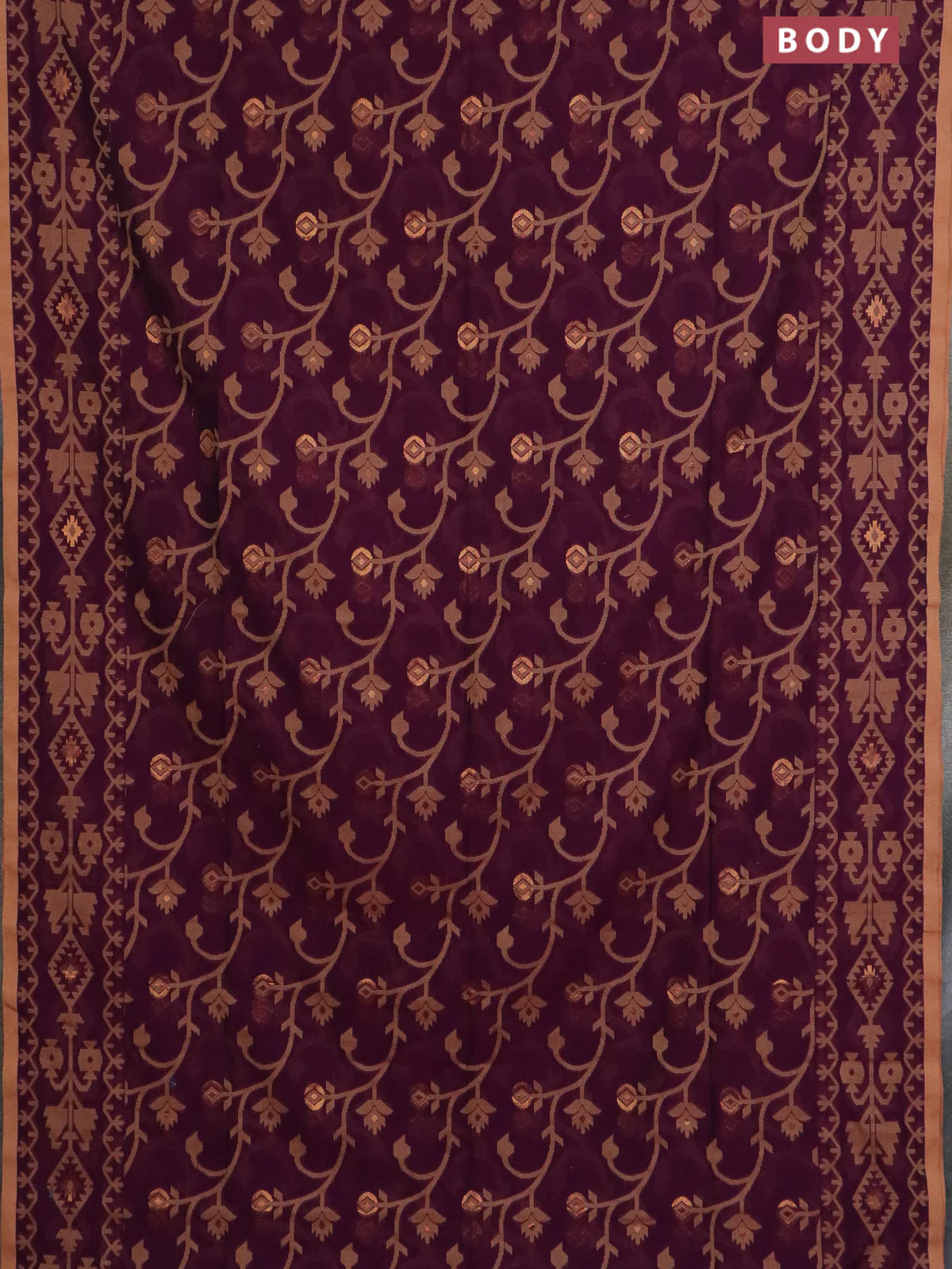 Bengal soft cotton saree dark magenta and sandal with allover thread & zari weaves and thread woven border - Image 2